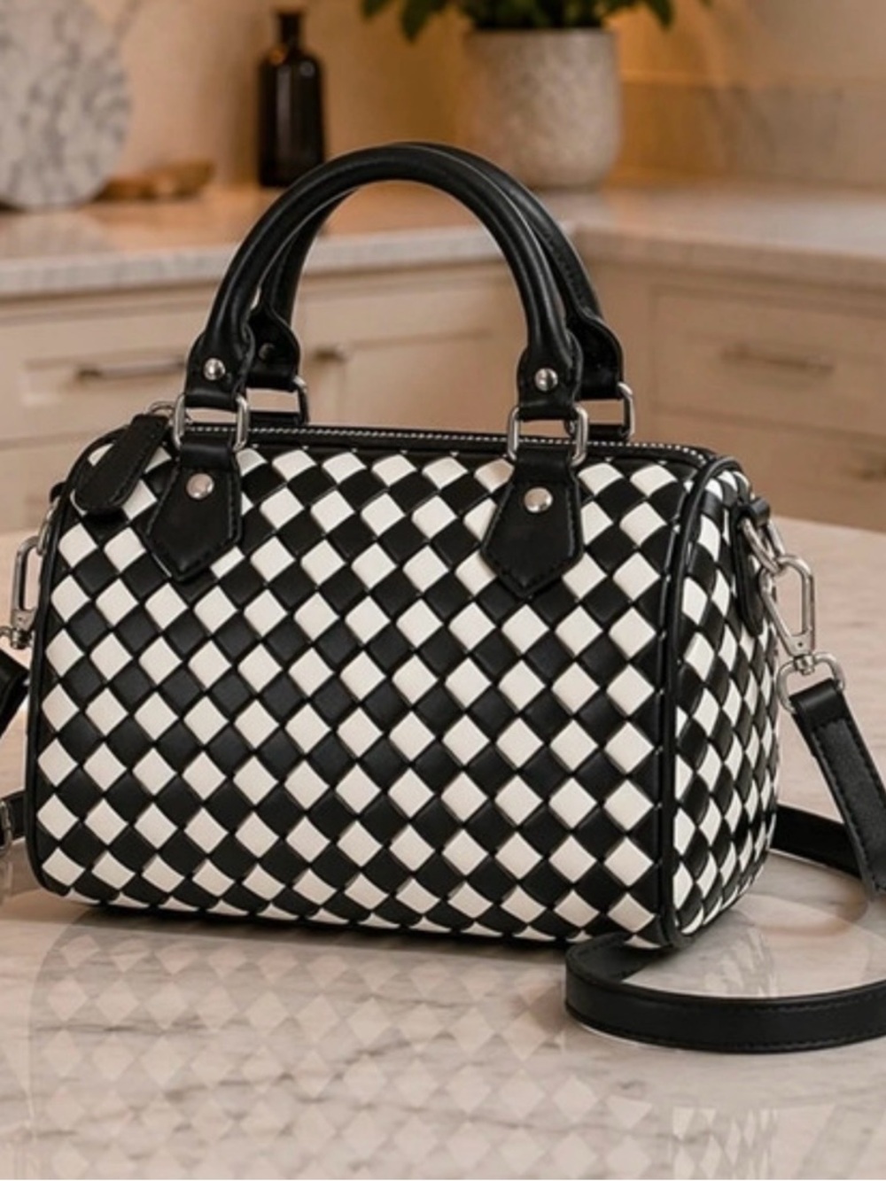 Black & White Woven Satchel Handbag
